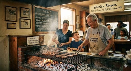 Family grilling together at Chatham Burgers since 1985